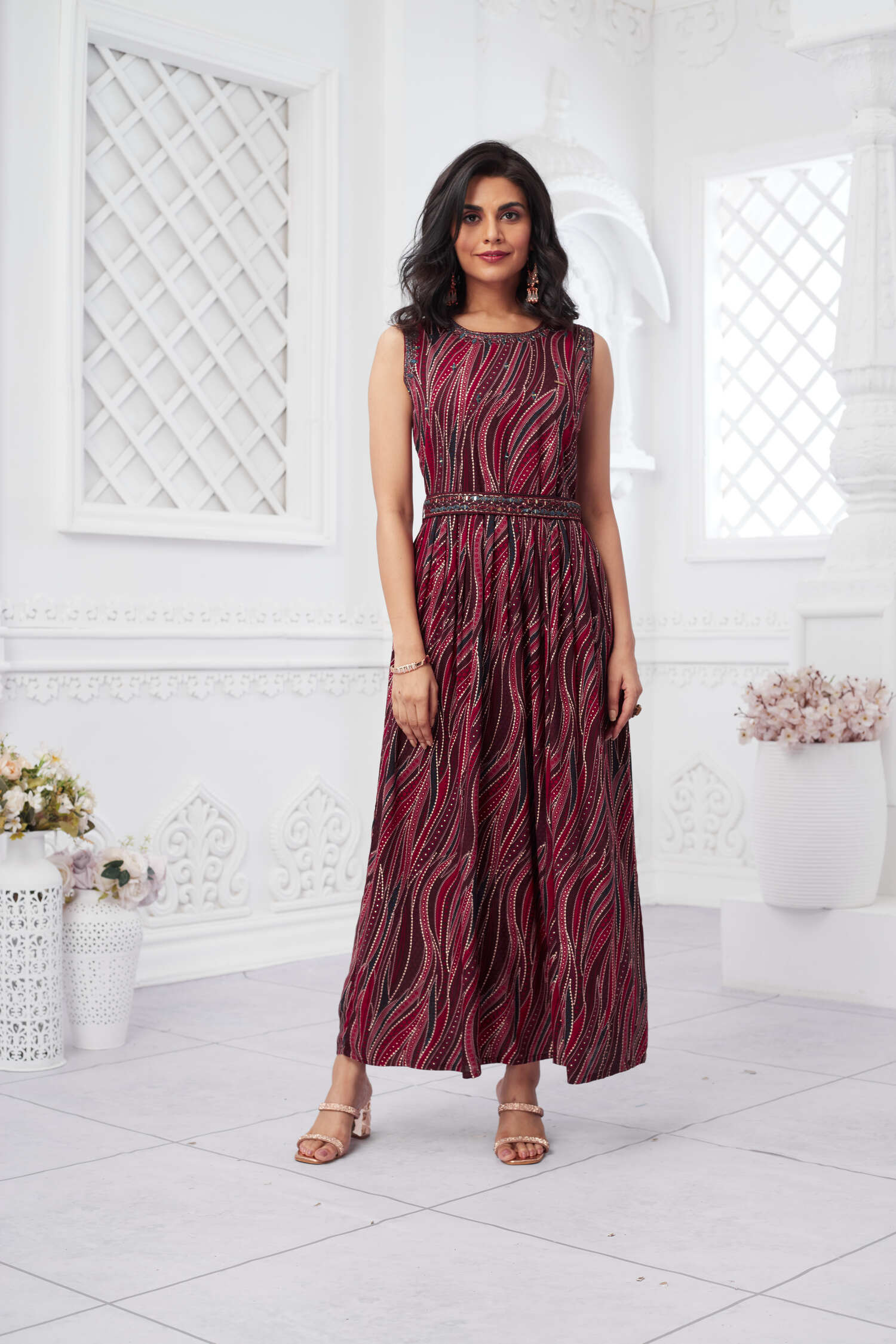 Rayon Sleeveless Foil Print Ethnic Dress - Maroon image 5