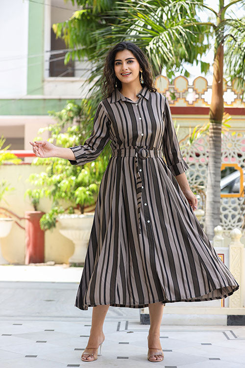 Formal Wear Stripped Collared Midi Dress With Belt - Grey image 3