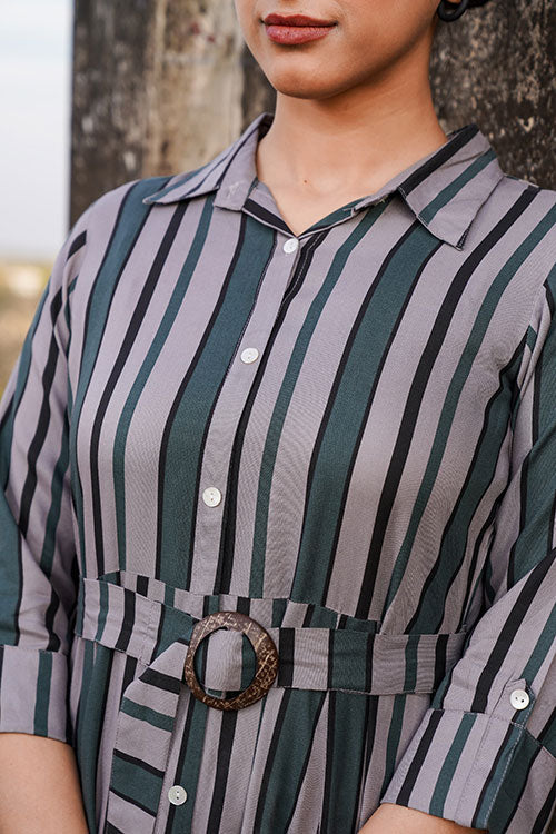 Formal Wear Stripped Collared Midi Dress With Belt - Grey image 4