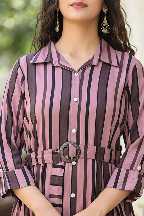 Formal Wear Stripped Collared Midi Dress With Belt - Peach image 2