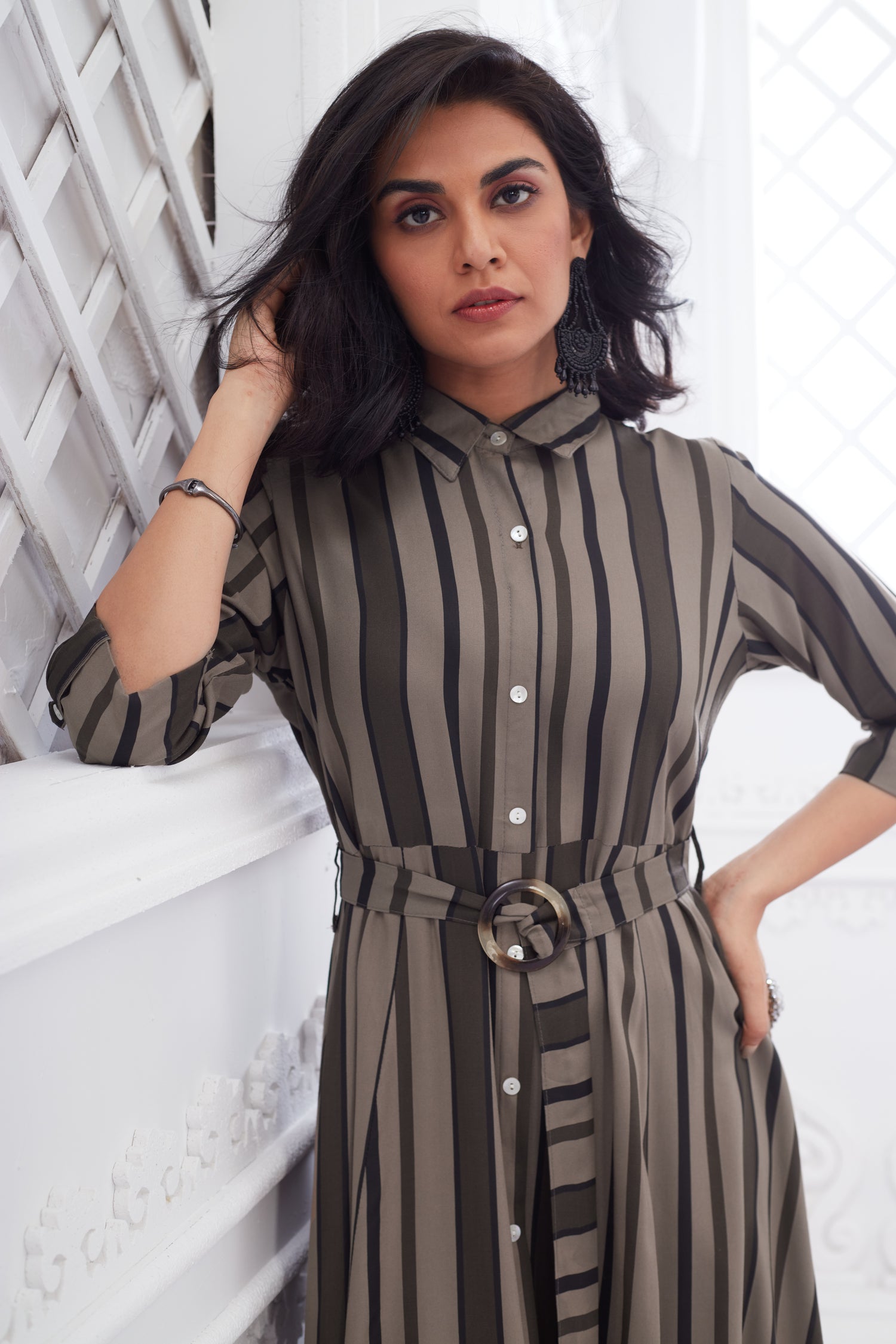 Formal Wear Stripped Collared Midi Dress With Belt - Brown image 3