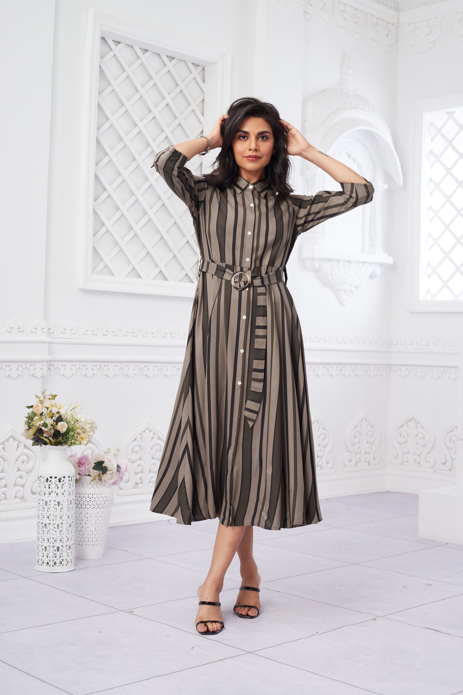 Formal Wear Stripped Collared Midi Dress With Belt - Brown image 5