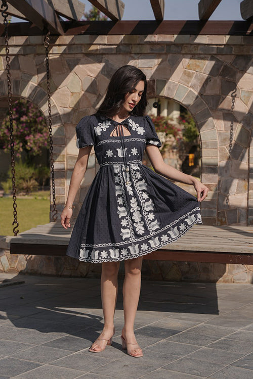 Cotton Embroidered Short Sleeves Tunic Dress - Black image 4