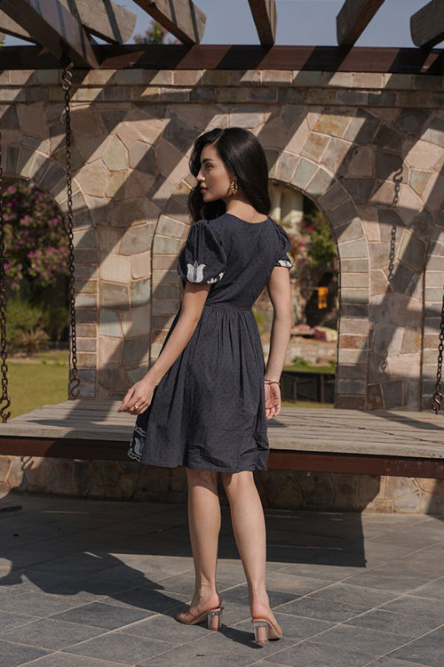 Cotton Embroidered Short Sleeves Tunic Dress - Black image 6