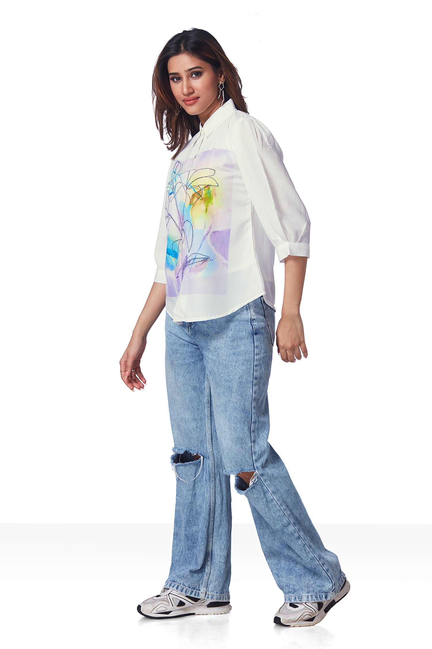 White Shirt With Marble Print And Shimmer Work - Purple image 4
