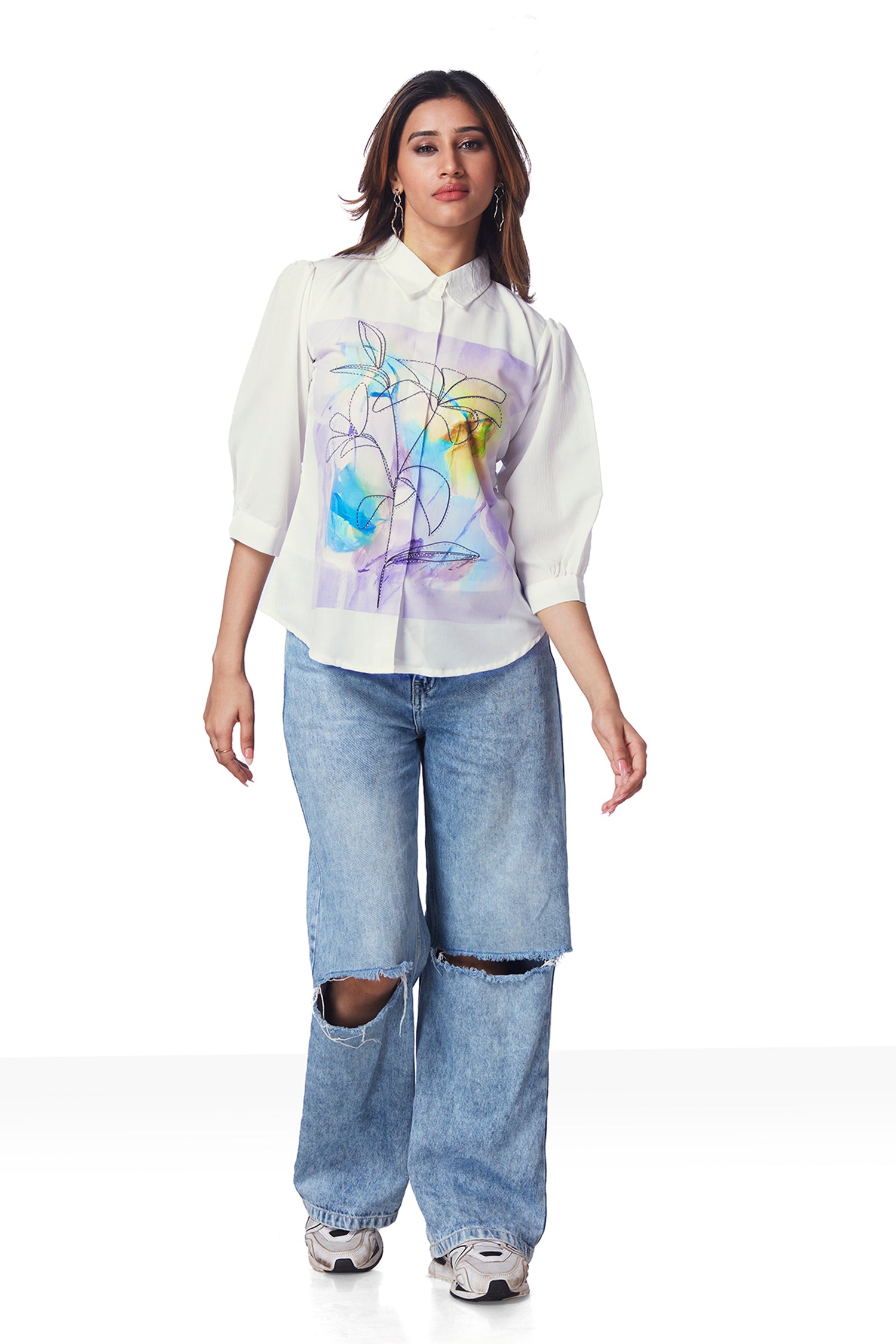 White Shirt With Marble Print And Shimmer Work - Purple image 5