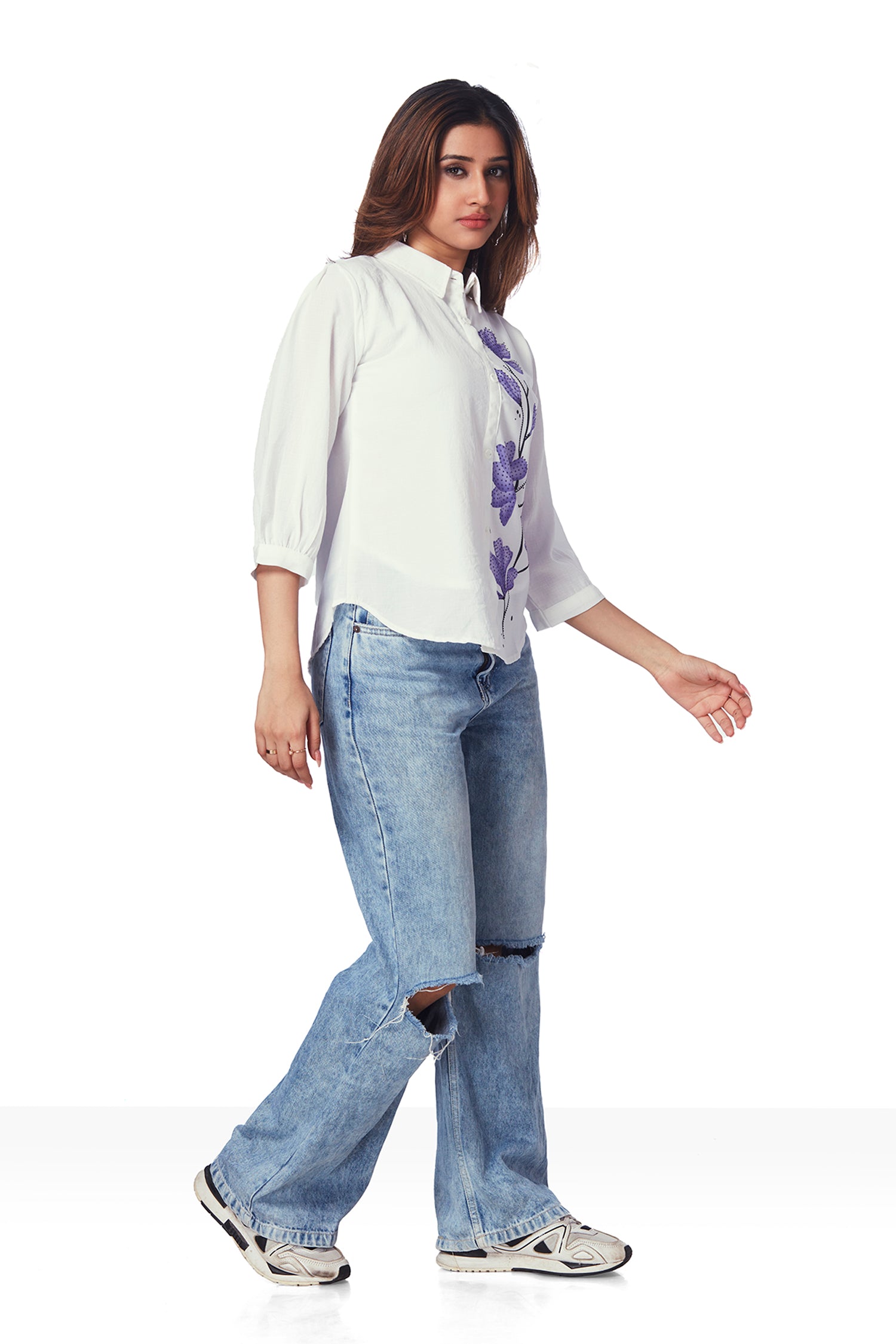 White Shirt With Print And Shimmer Work - Purple image 4