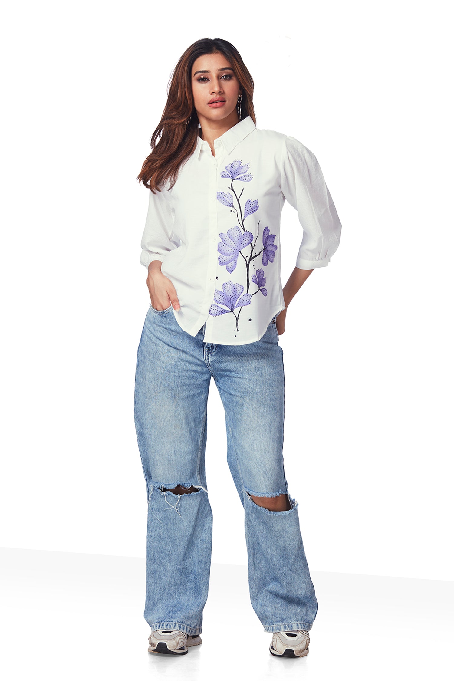 White Shirt With Print And Shimmer Work - Purple image 5