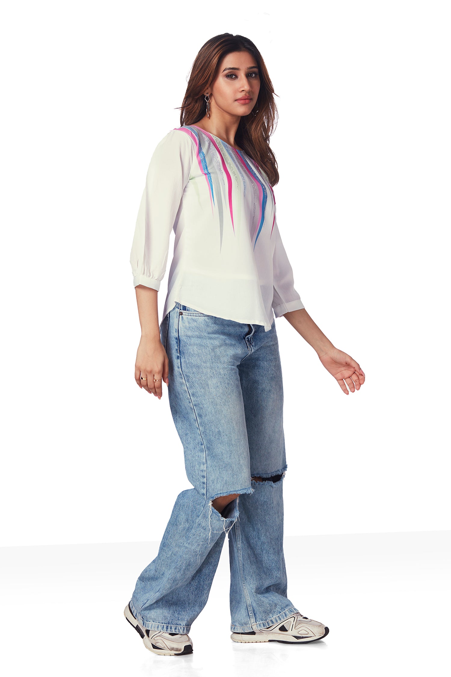 Multi Color Stripes On Georgette Top With Shimmer Work image 4