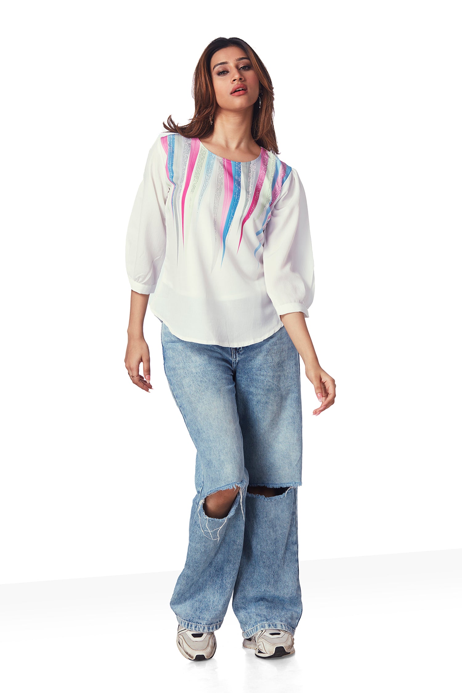 Multi Color Stripes On Georgette Top With Shimmer Work image 5