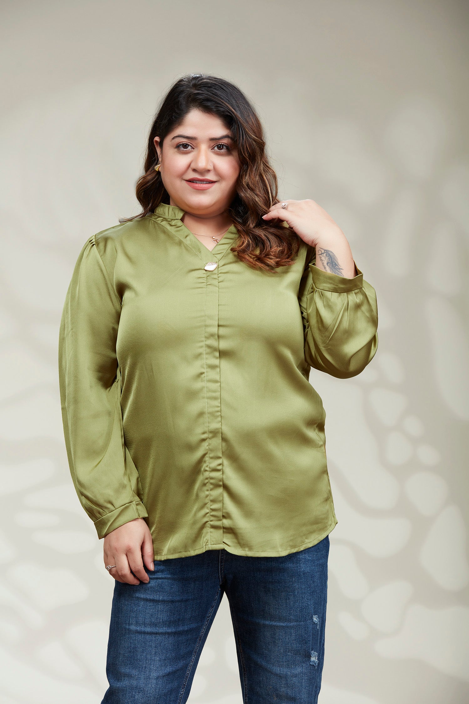 Satin Semi Formal Round Collar Top - Green image 3