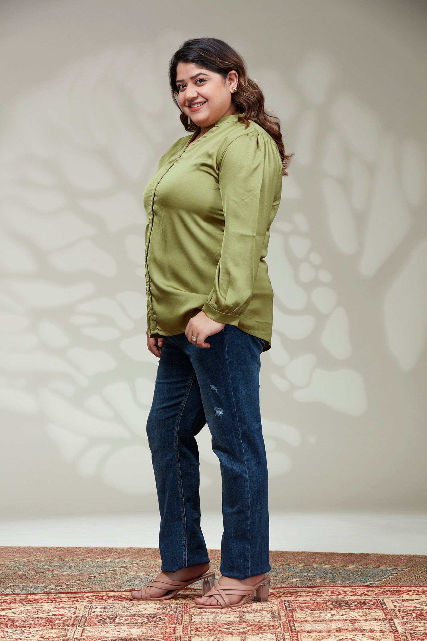 Satin Semi Formal Round Collar Top - Green image 5