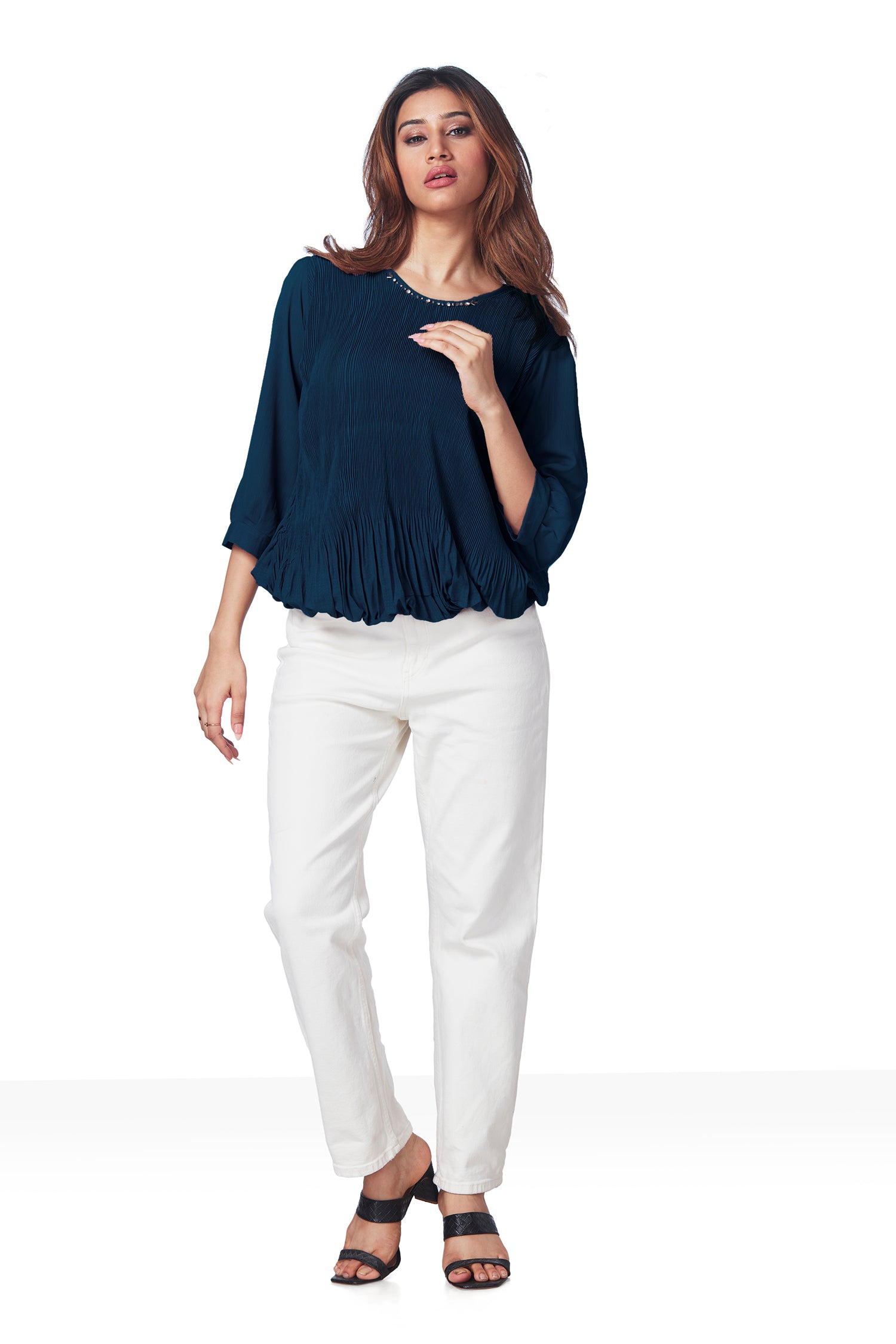 Partywear Round Neck Ribbed 3/4TH Sleeves Top - Navy Blue image 2