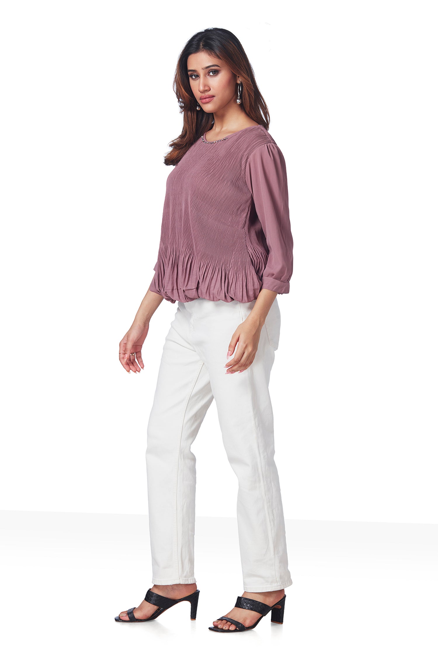 Partywear Round Neck Ribbed 3/4TH Sleeves Top - Pink image 5