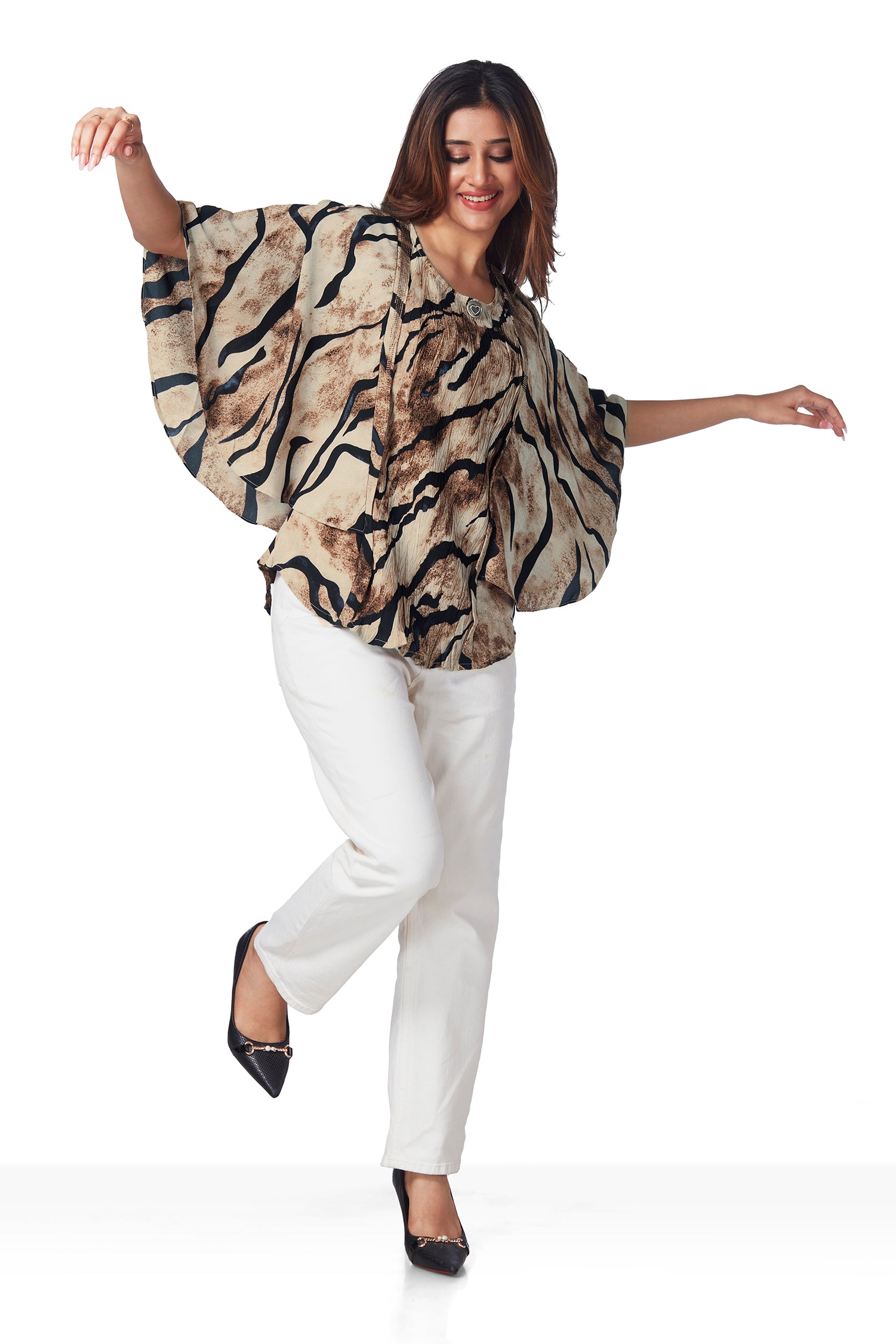 Partywear Kaftan Style Printed Top - Chikoo image 5