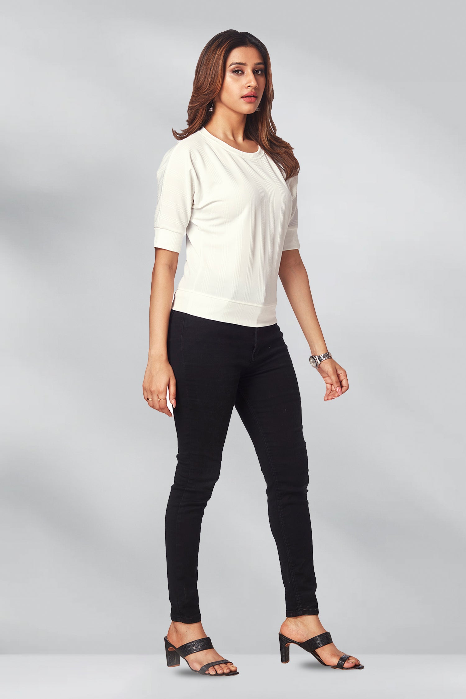 Casual Round Neck Self Texture T-shirts - White image 4
