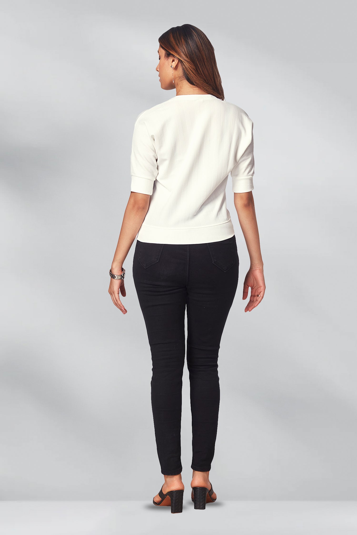 Casual Round Neck Self Texture T-shirts - White image 6