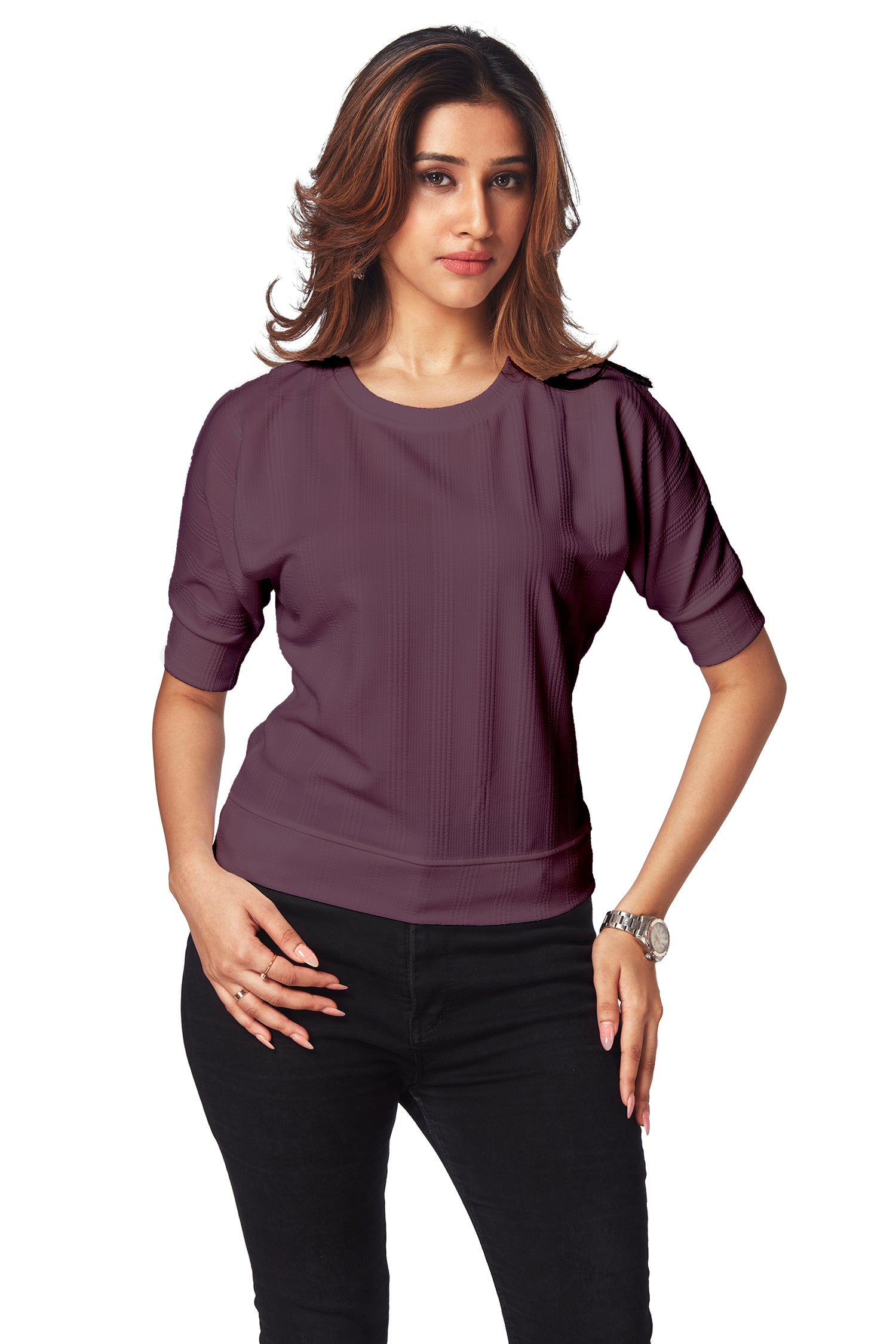 Casual Round Neck Self Texture T-shirts - Purple image 2