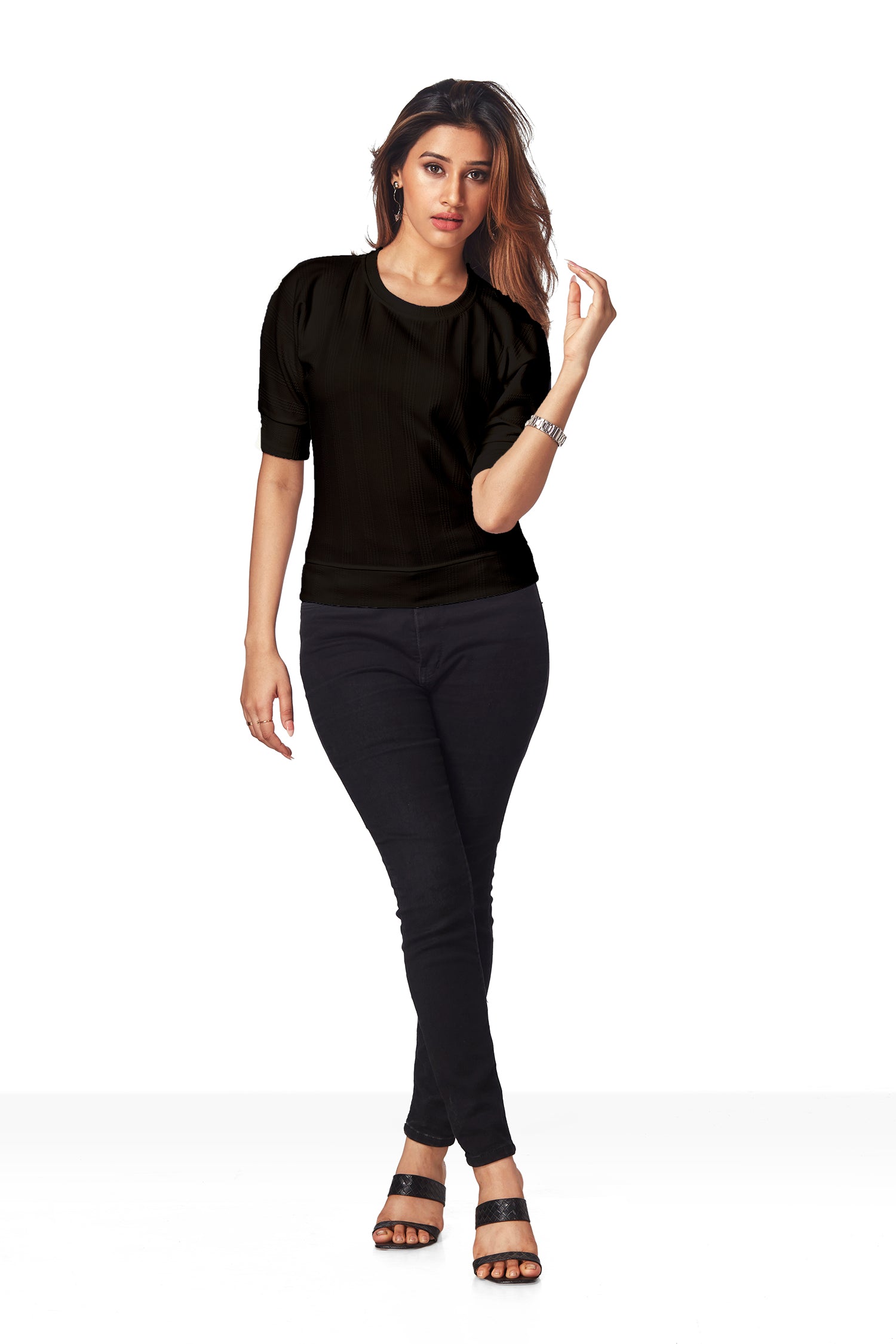 Casual Round Neck Self Texture T-shirts - Purple image 3