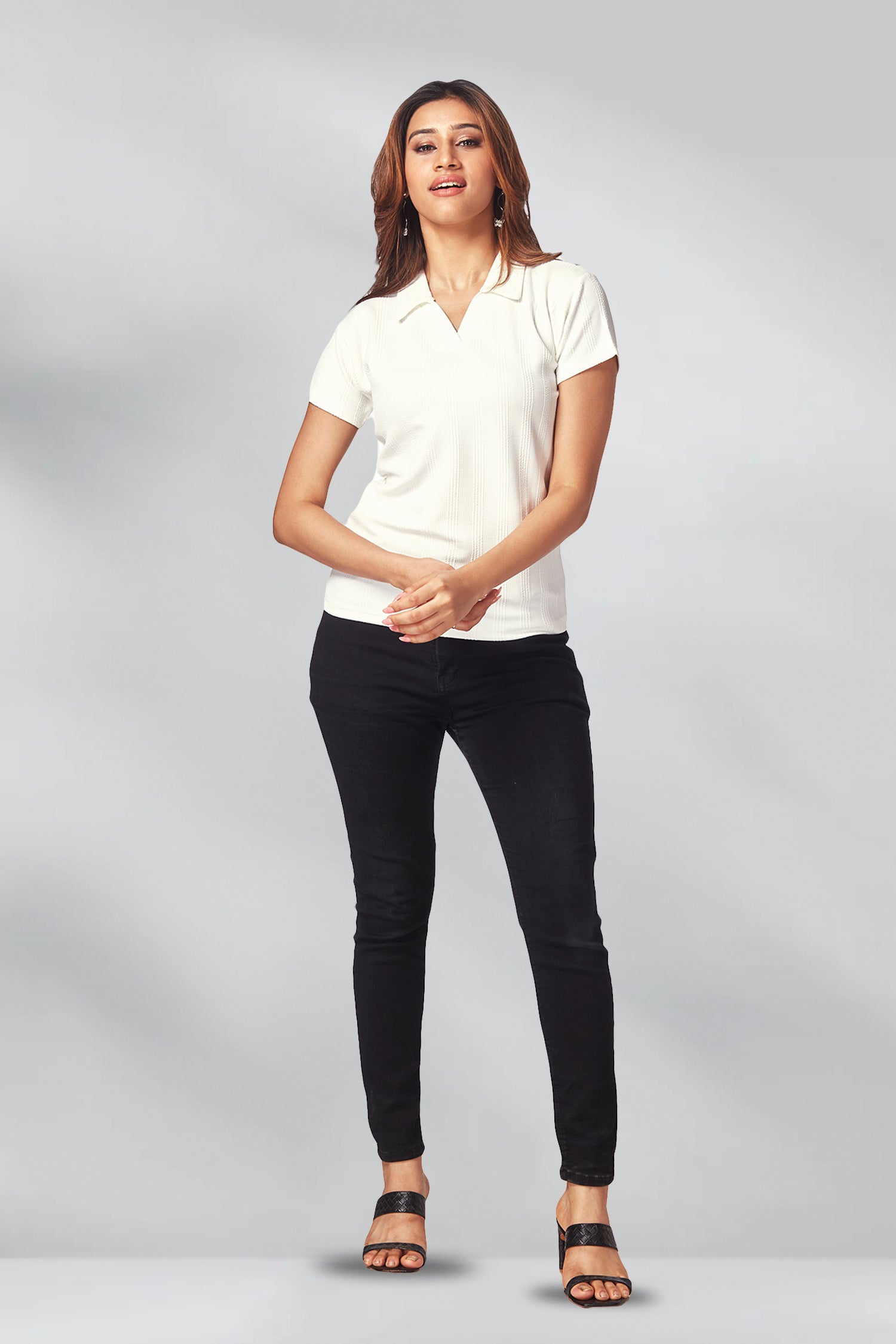 Casual V Neck Collar Self Texture T-shirts - White image 4