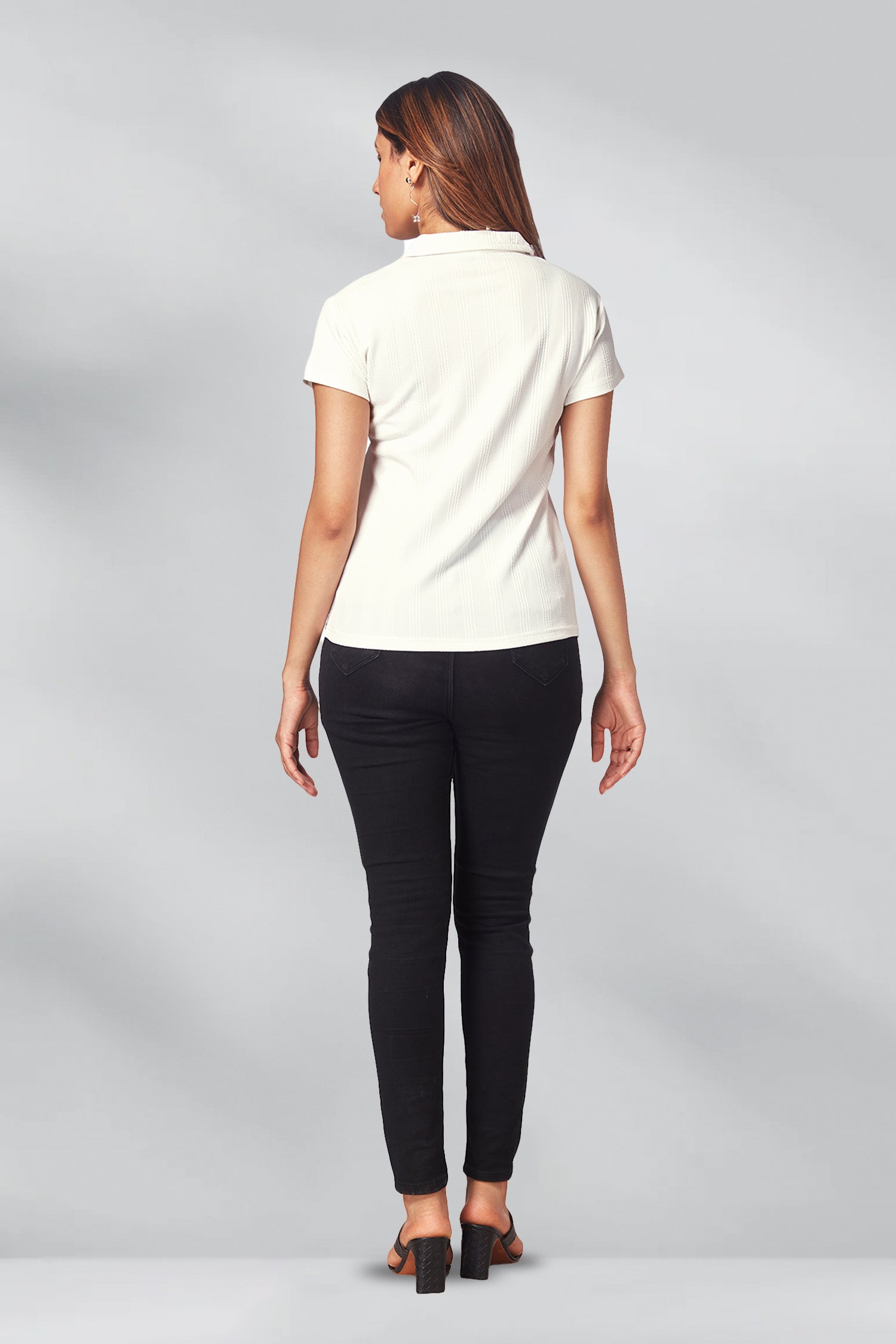 Casual V Neck Collar Self Texture T-shirts - White image 5
