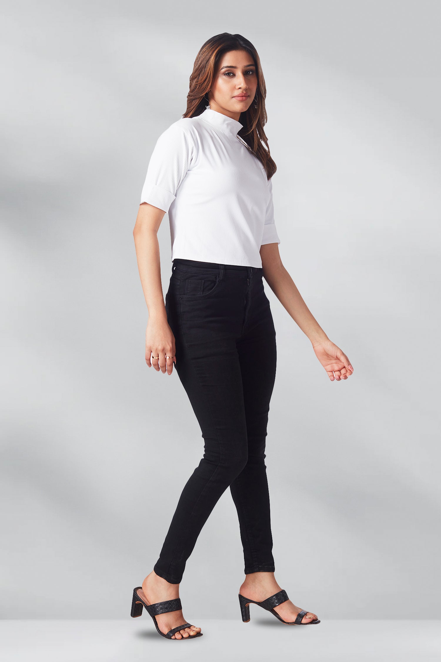 Casual Polo Neck Crop T-shirts - White image 4