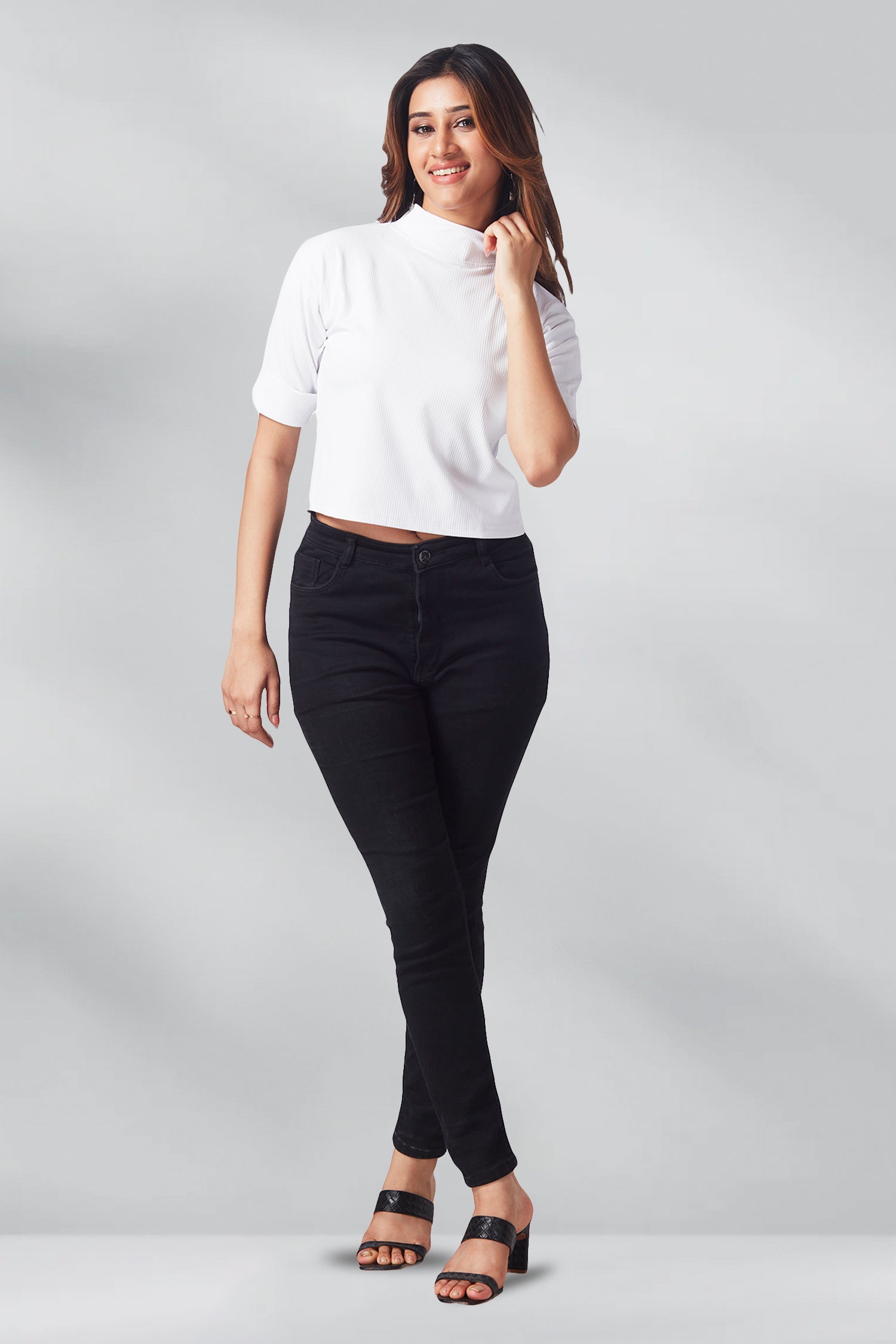Casual Polo Neck Crop T-shirts - White image 5