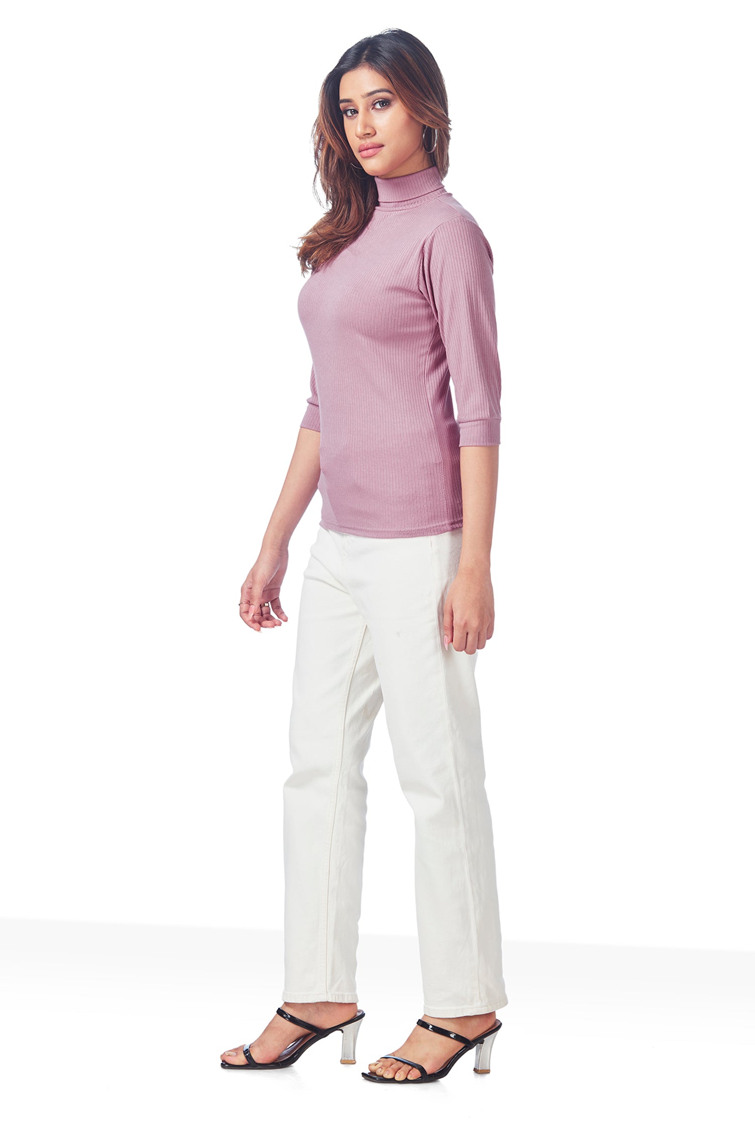 Casual Polo Neck Ribbed 3/4TH Sleeves T-shirts - Pink image 4
