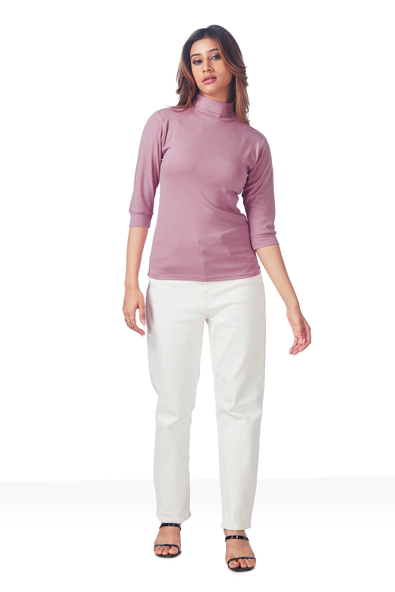 Casual Polo Neck Ribbed 3/4TH Sleeves T-shirts - Pink image 5
