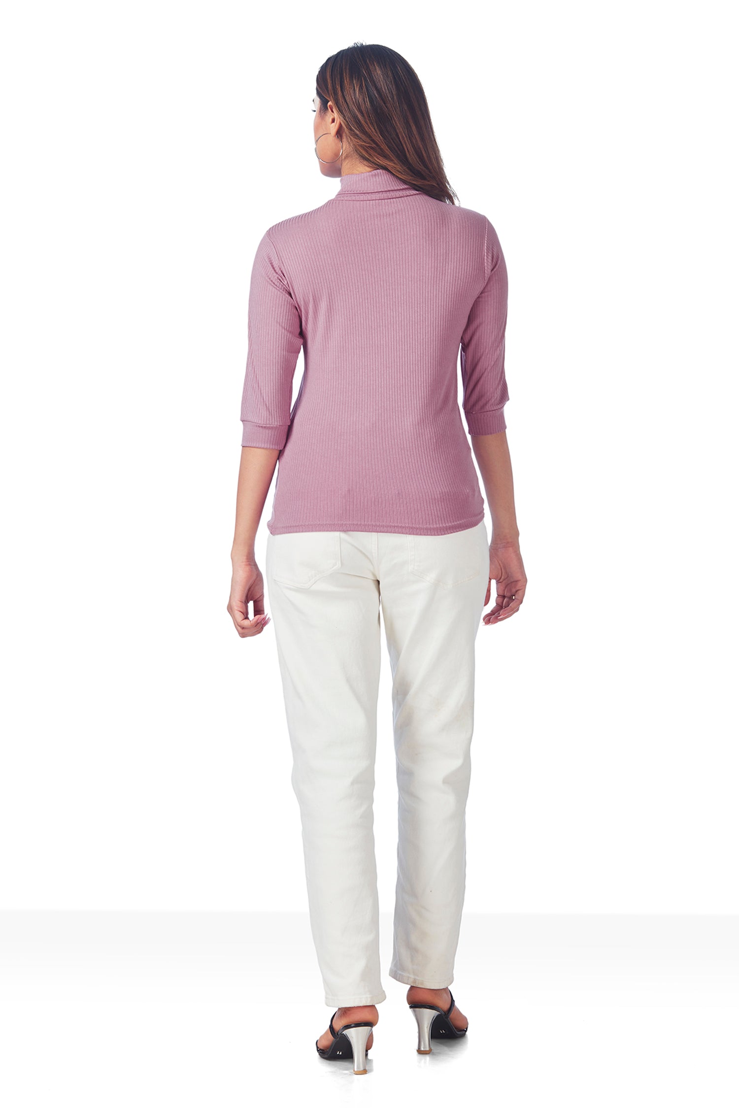 Casual Polo Neck Ribbed 3/4TH Sleeves T-shirts - Pink image 6