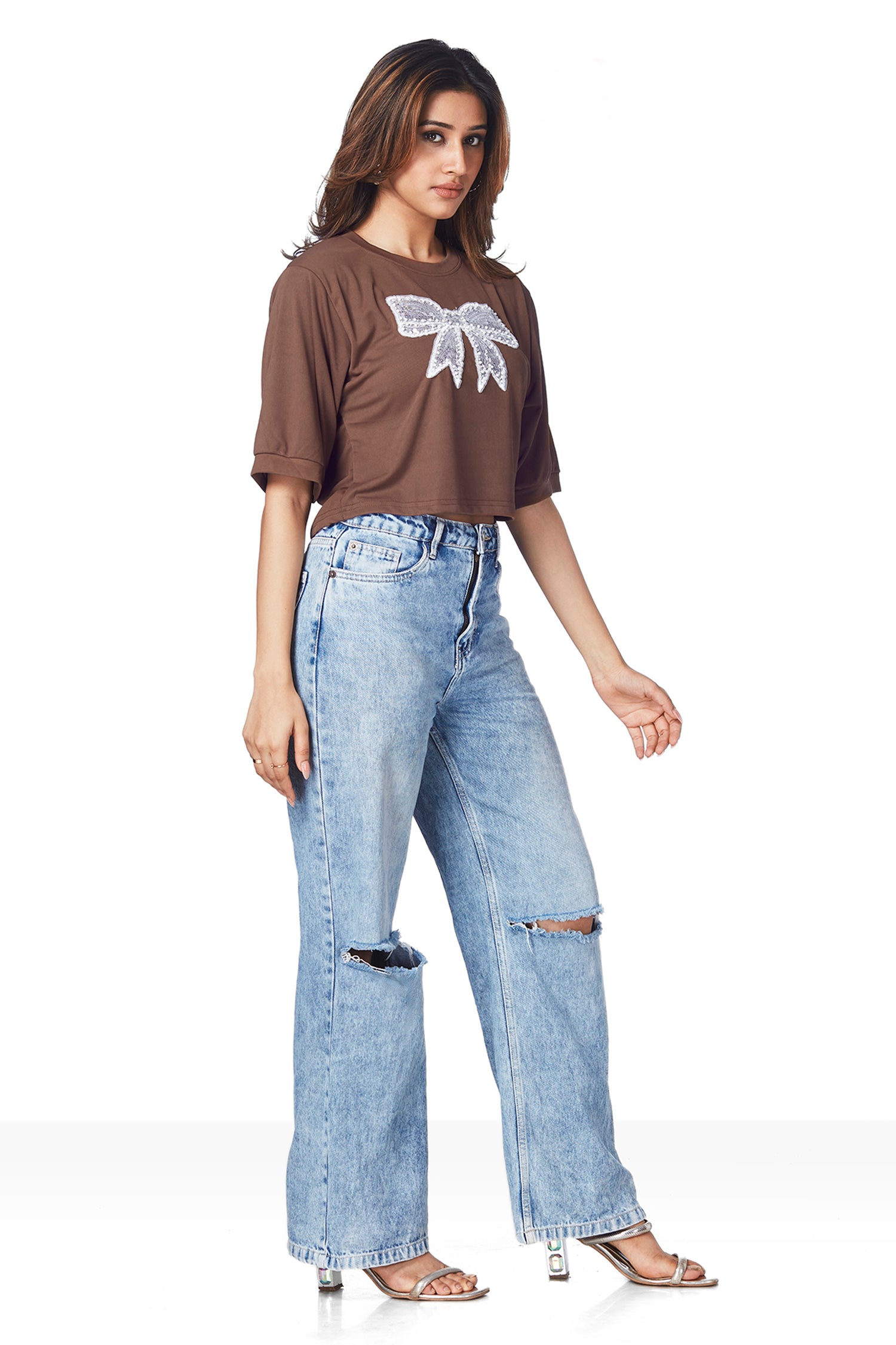 Sequin Work Bow Patch Crop T-shirts Â - Brown image 4