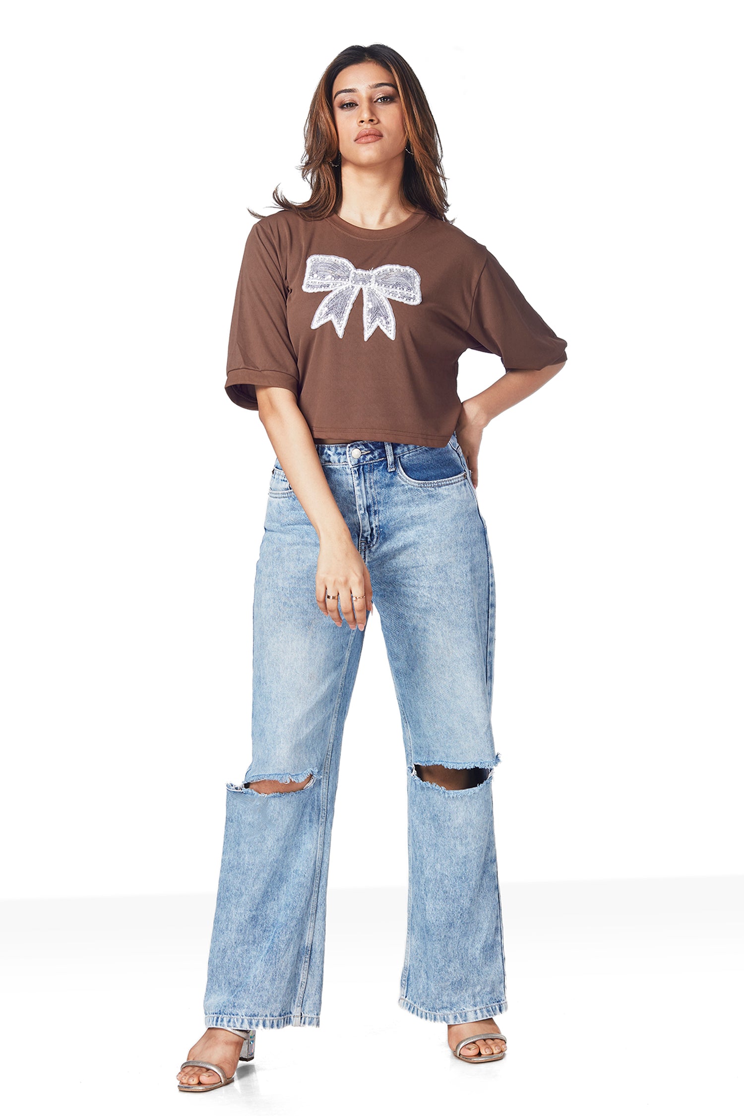 Sequin Work Bow Patch Crop T-shirts Â - Brown image 5