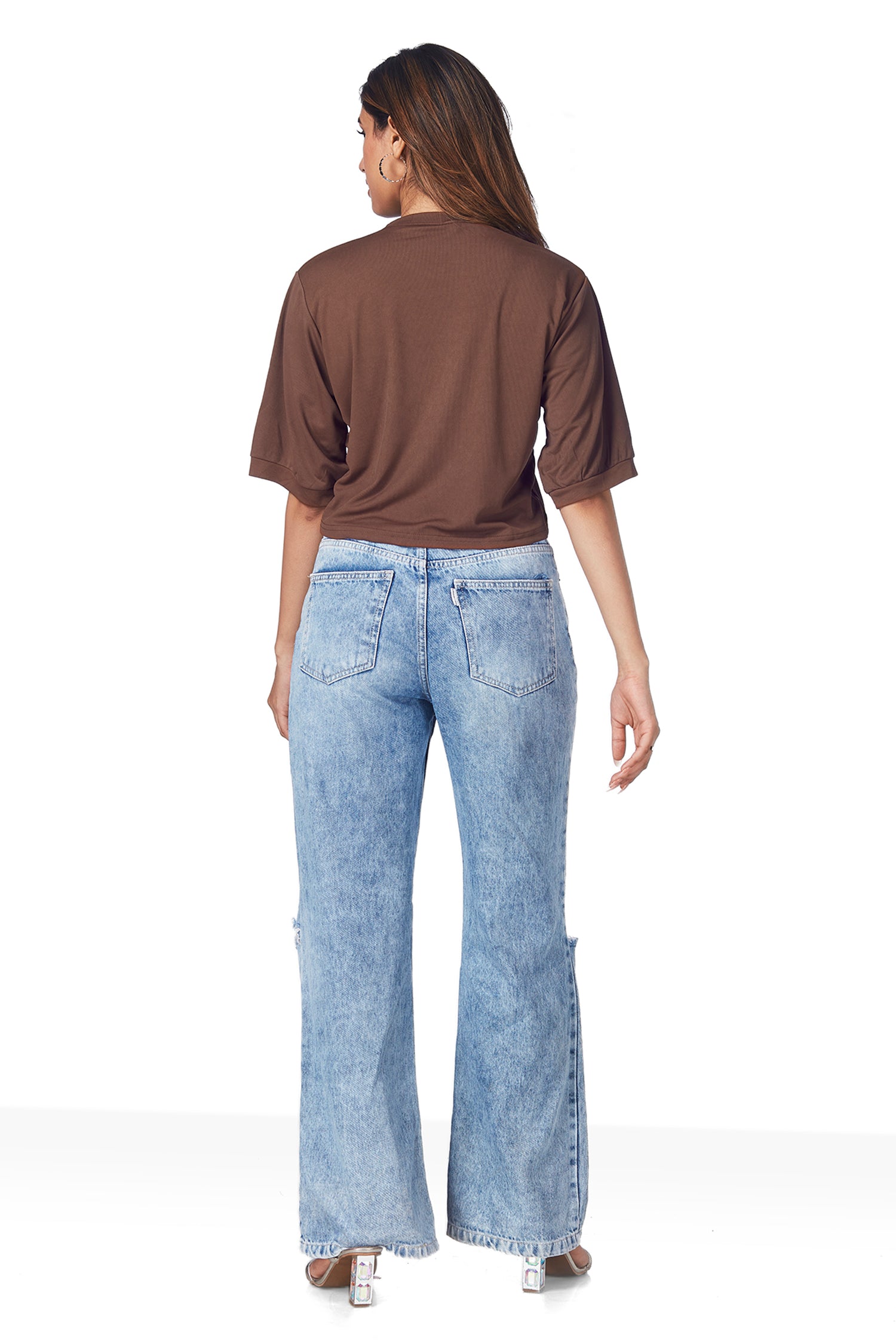 Sequin Work Bow Patch Crop T-shirts Â - Brown image 6