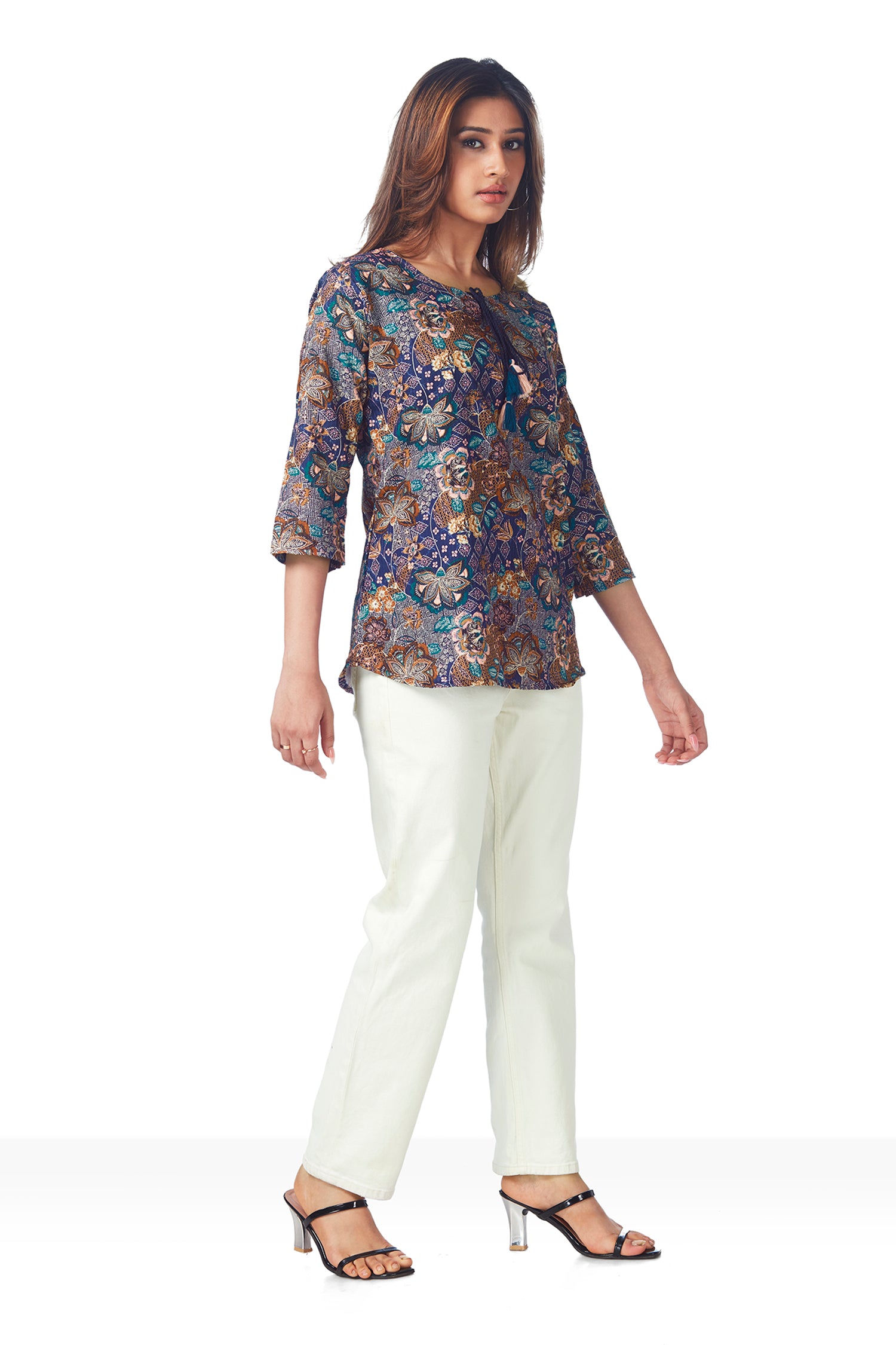 Causal Blue Color Floral Printed Top image 4