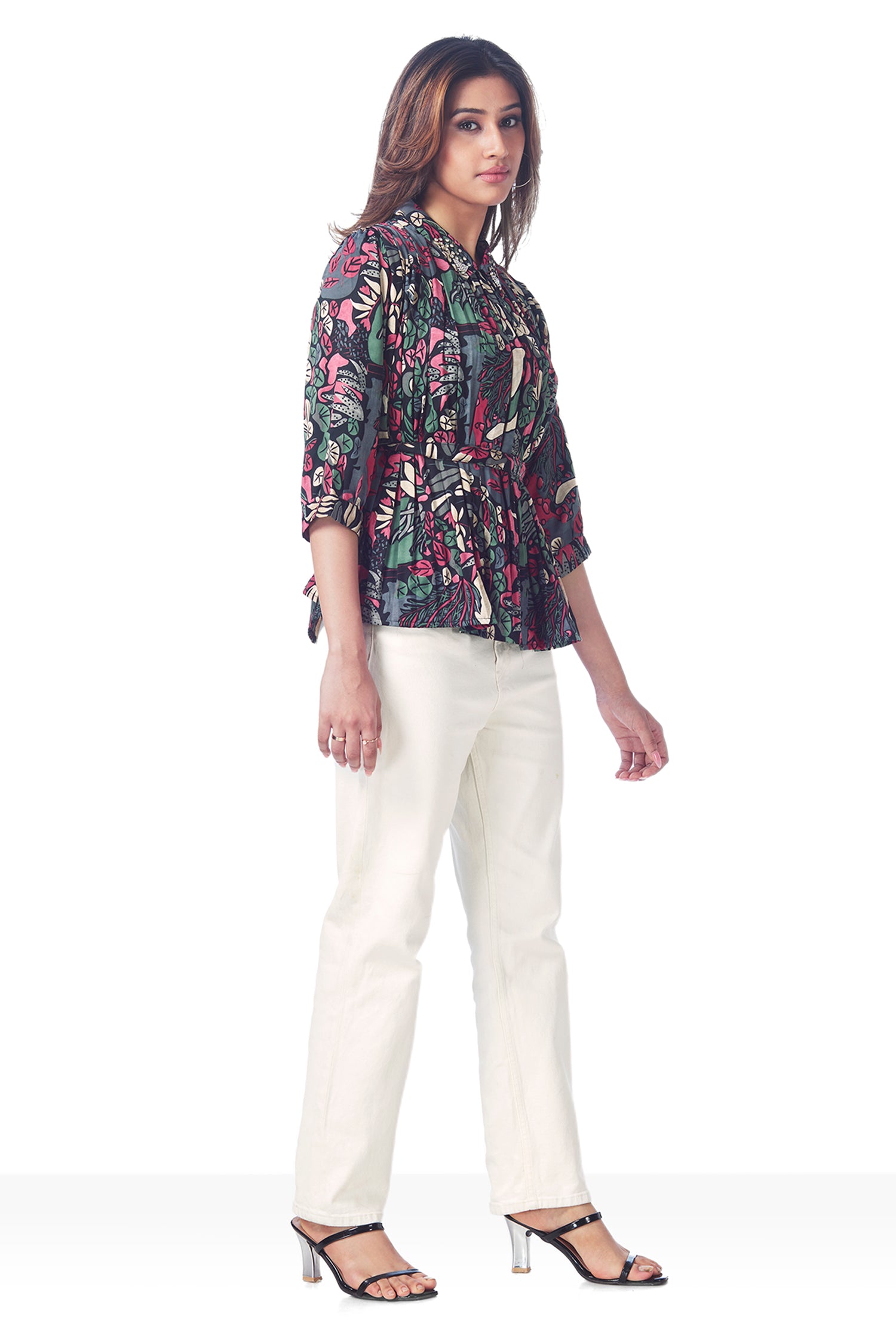 Printed Peplum Style Highlighted Collar Neck Top image 4