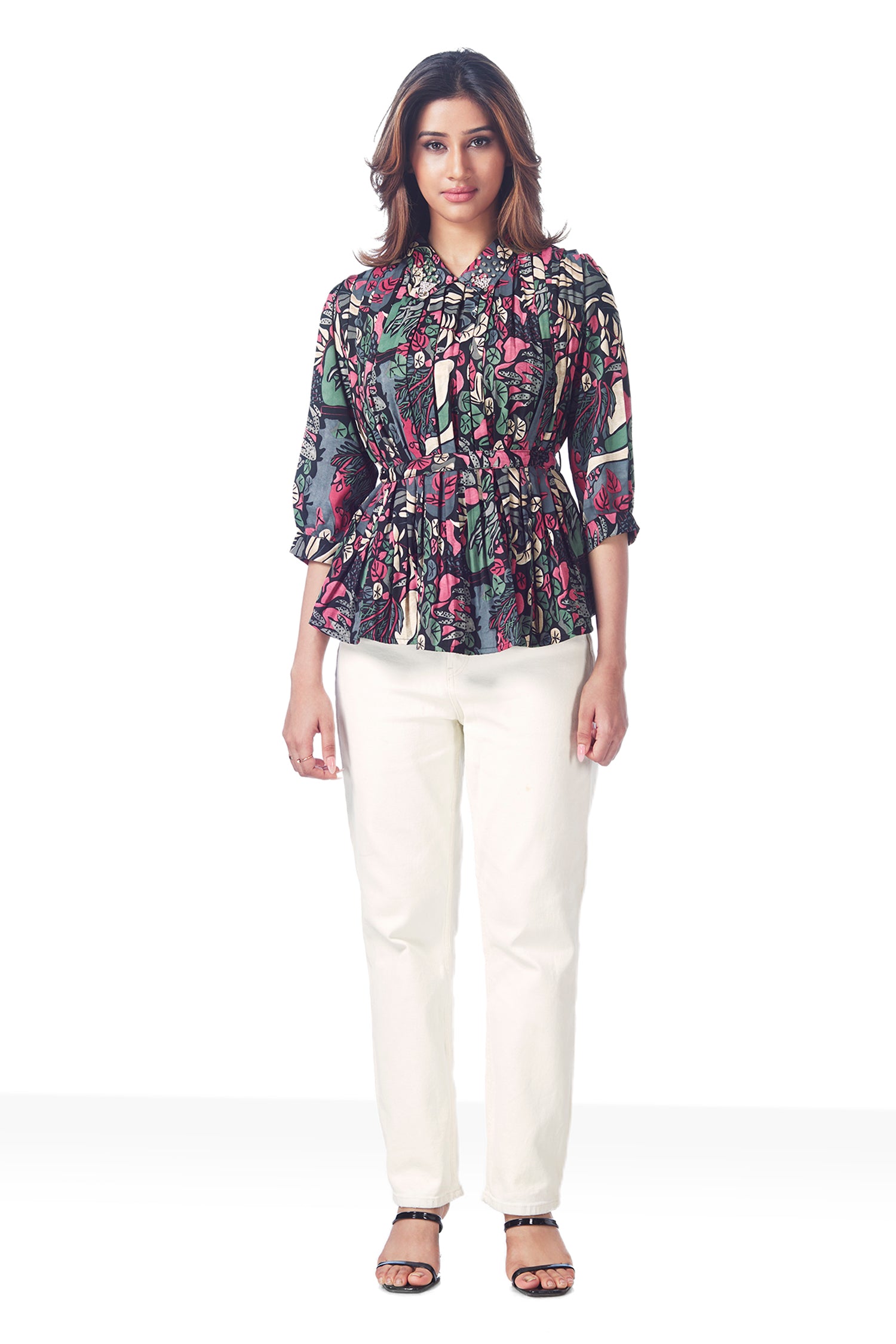 Printed Peplum Style Highlighted Collar Neck Top image 6