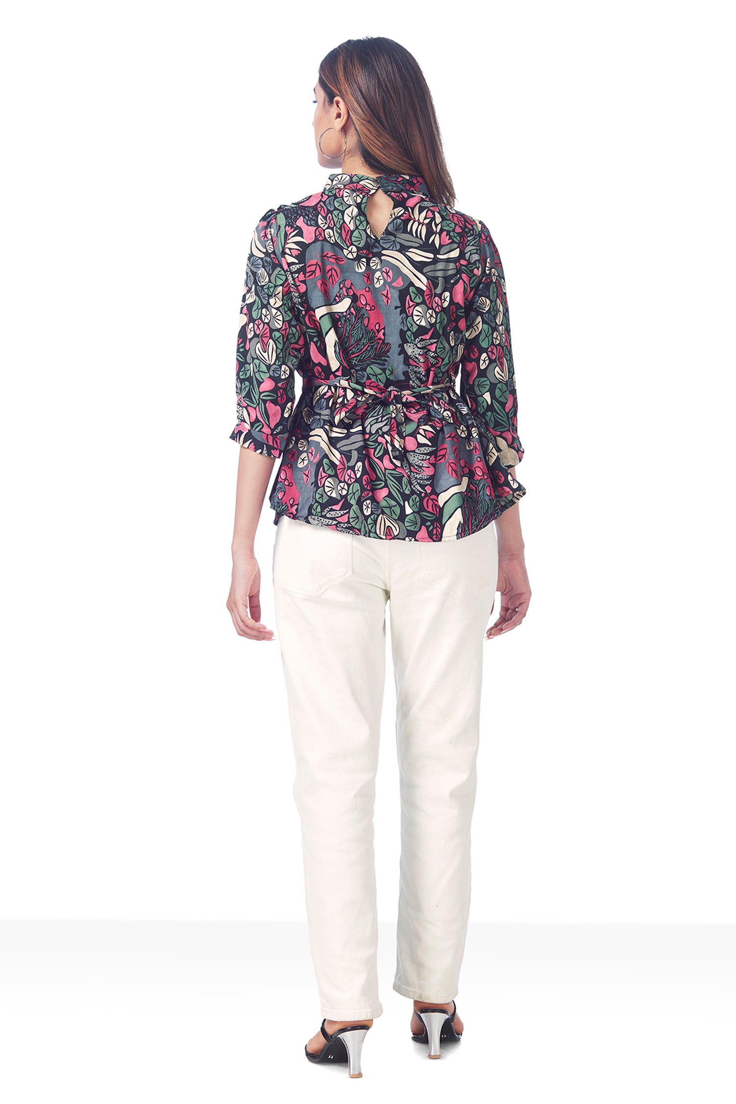 Printed Peplum Style Highlighted Collar Neck Top image 7