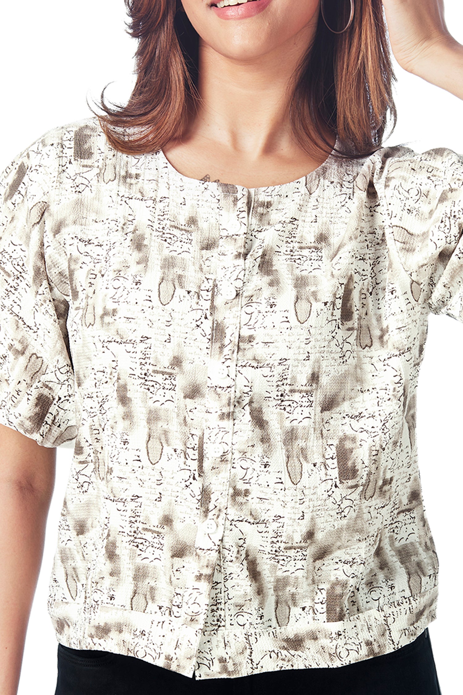 Causal Printed Balloon Sleeves Crop Top - Brown image 4
