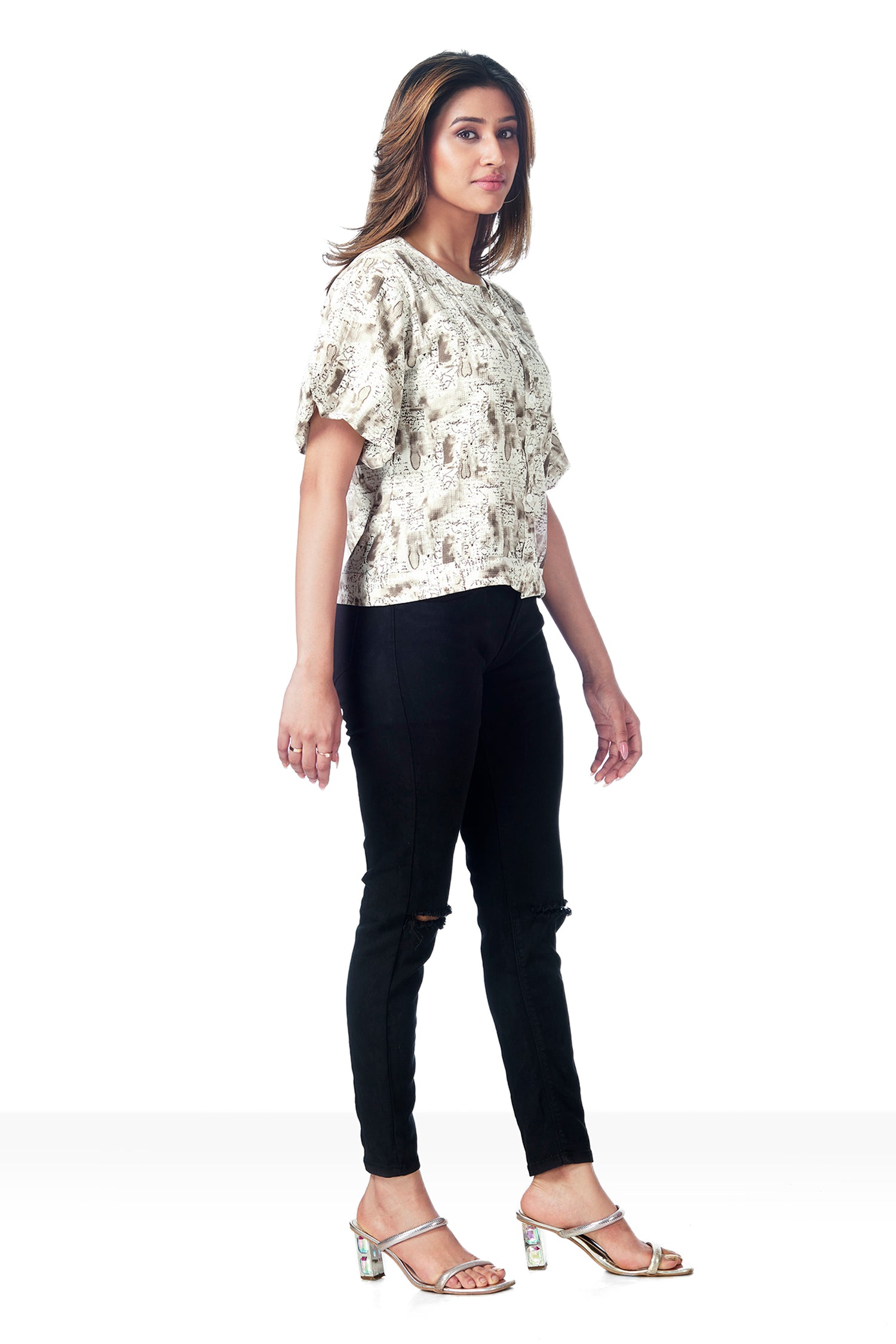Causal Printed Balloon Sleeves Crop Top - Brown image 6
