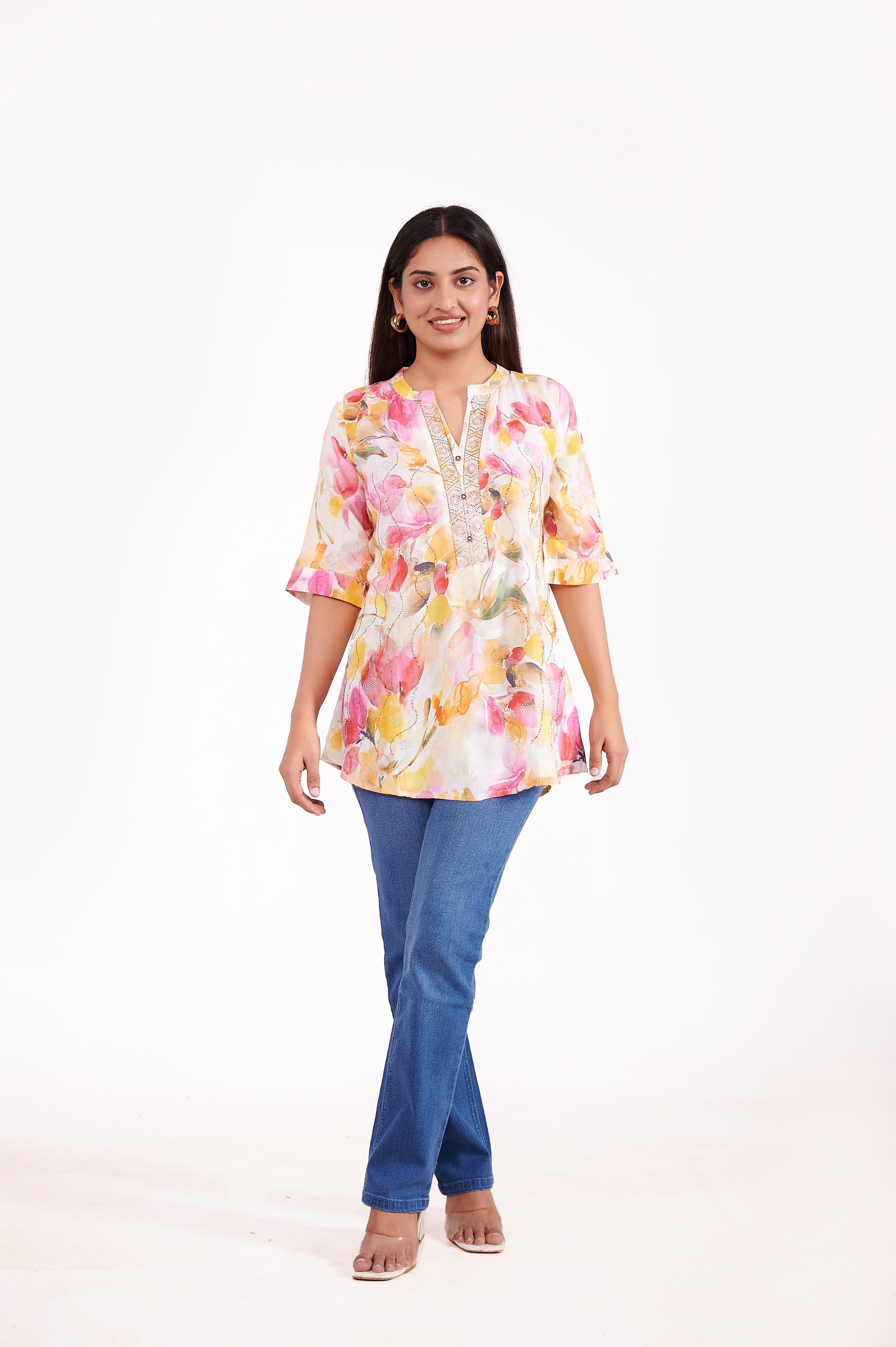 Crepe Floral Printed Tunic Top - Cream image 4
