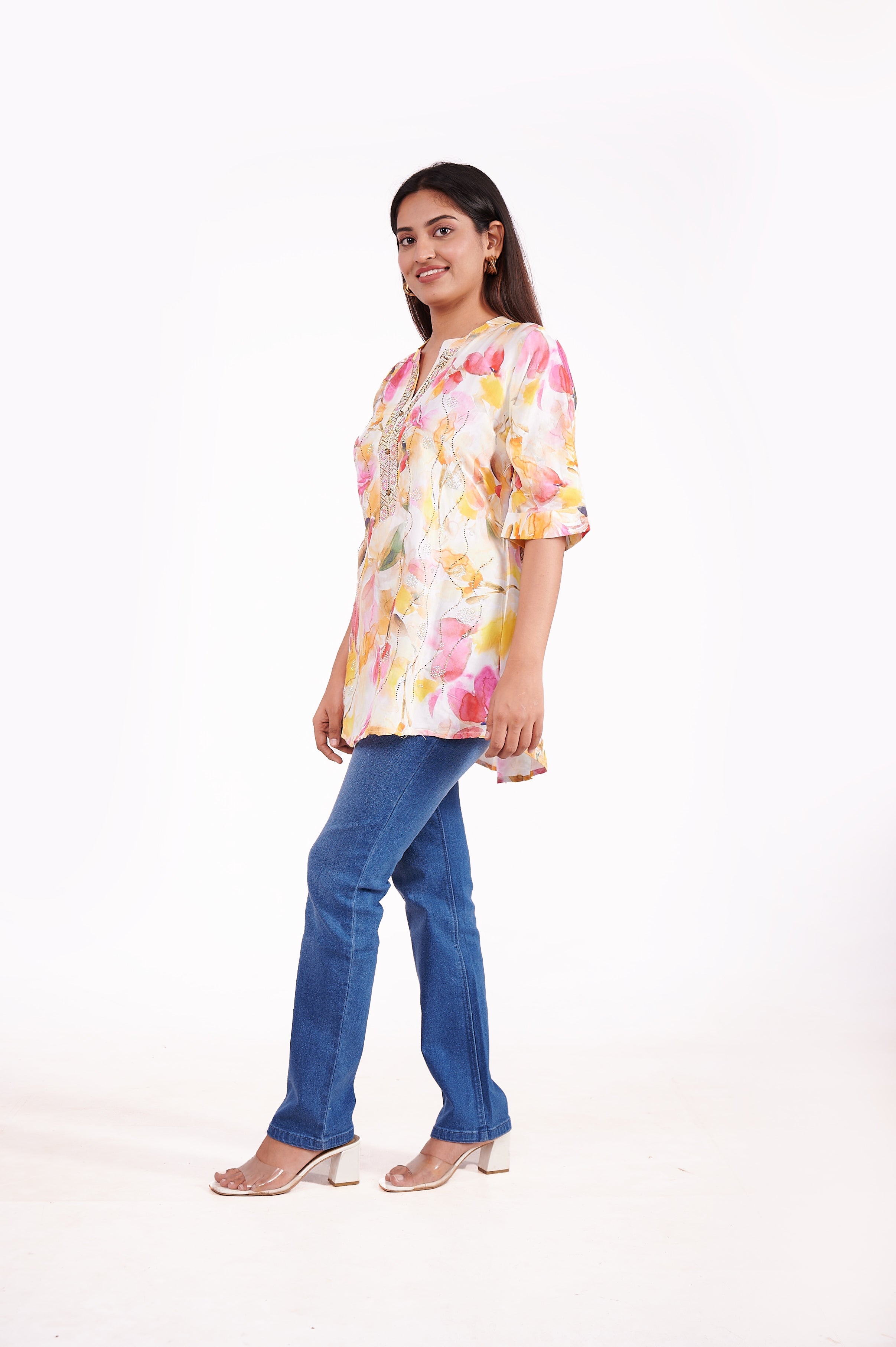 Crepe Floral Printed Tunic Top - Cream image 5