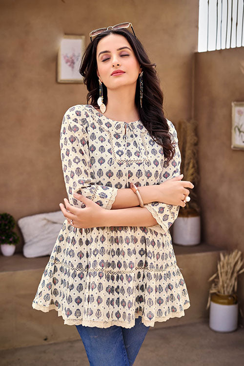 Mul Cotton Block Printed Tunic Top With Sequence Work image 6