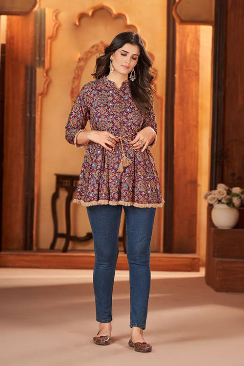 Maroon Rayon Printed Peplum Tunic Top With Belt image 6