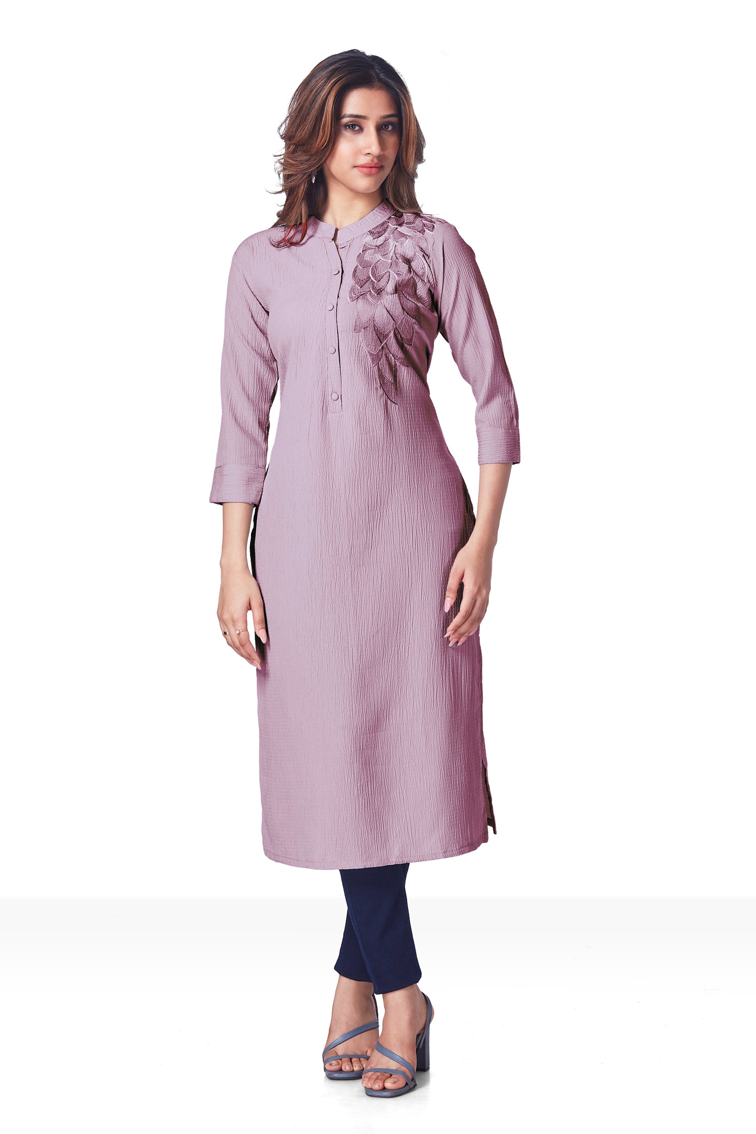 Daily Wear Shirt Pattern Long Kurti - Purple image 2