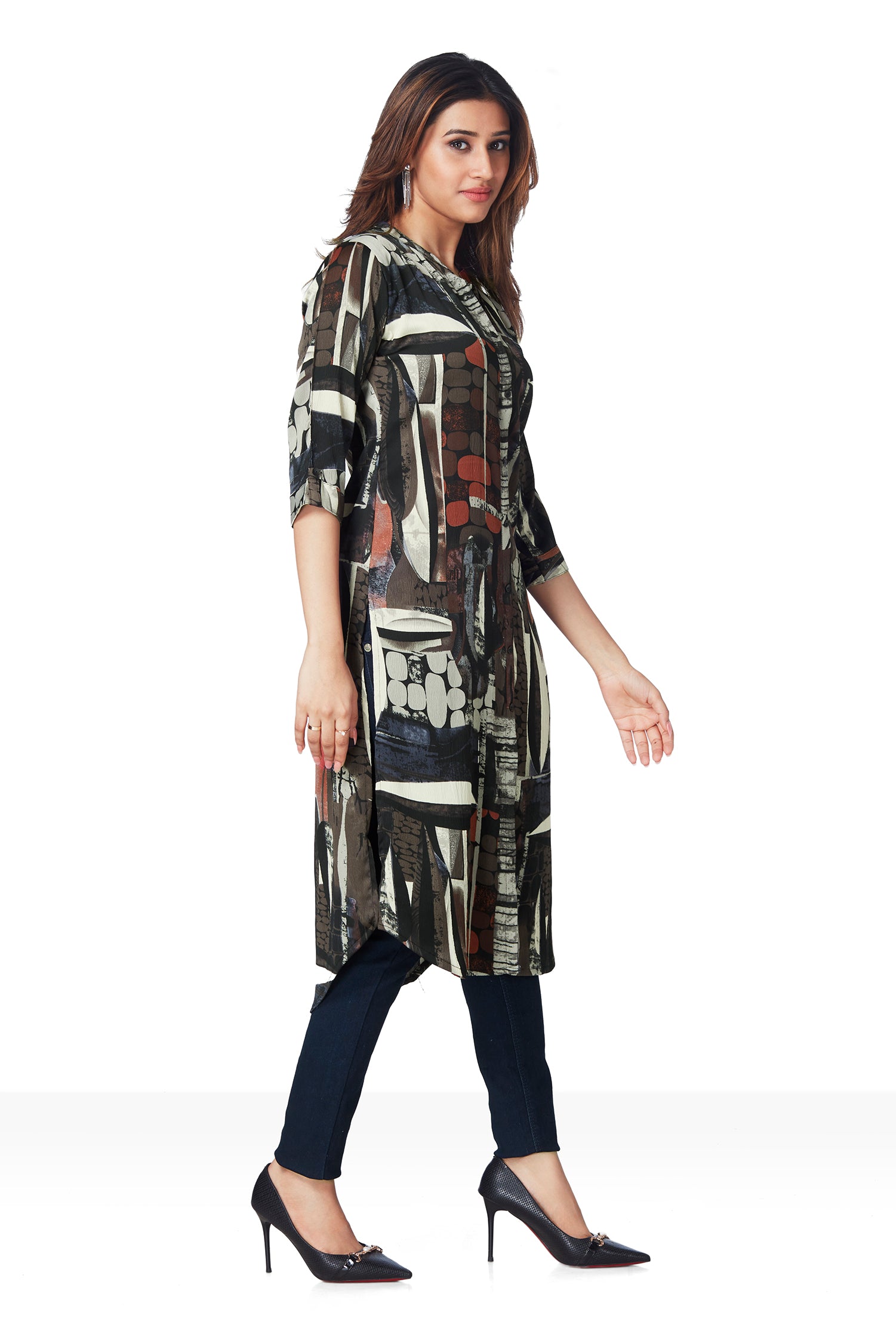 Printed Daily Wear Shirt Pattern Long Kurti - Coffee image 5