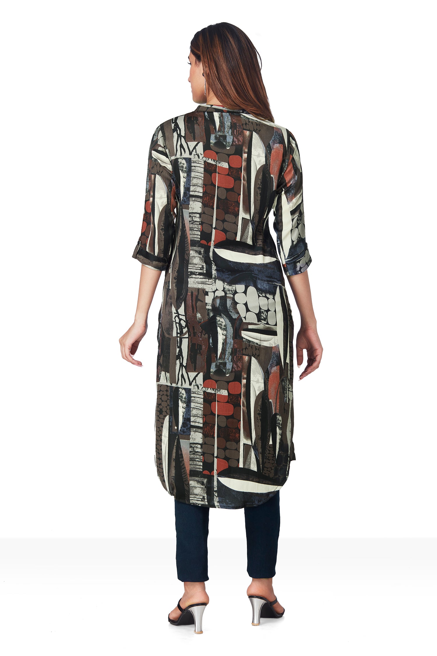 Printed Daily Wear Shirt Pattern Long Kurti - Coffee image 6