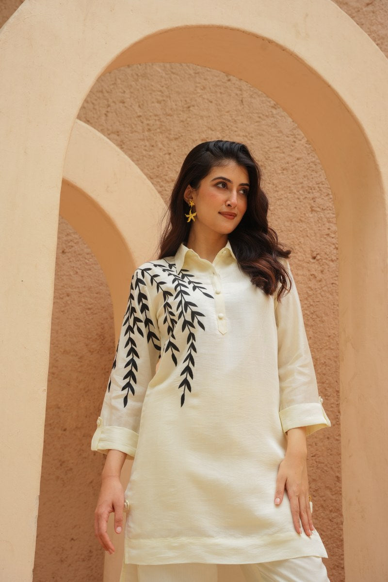 Pure Cotton Embroidered High-low Tunic & Trouser Cord Set - Off White image 5