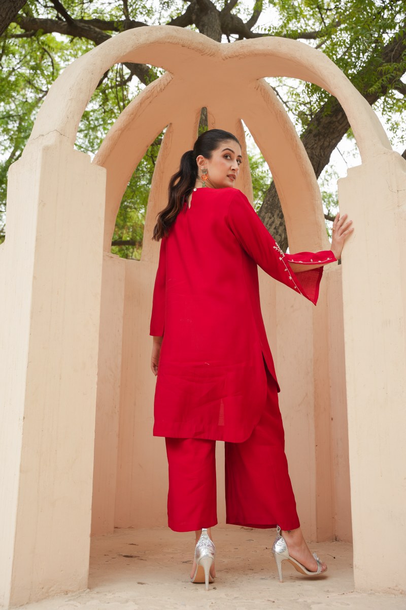 Festive Red Roman Silk Cord Set With Minimalist Embroidery And Flared Sleeves image 5