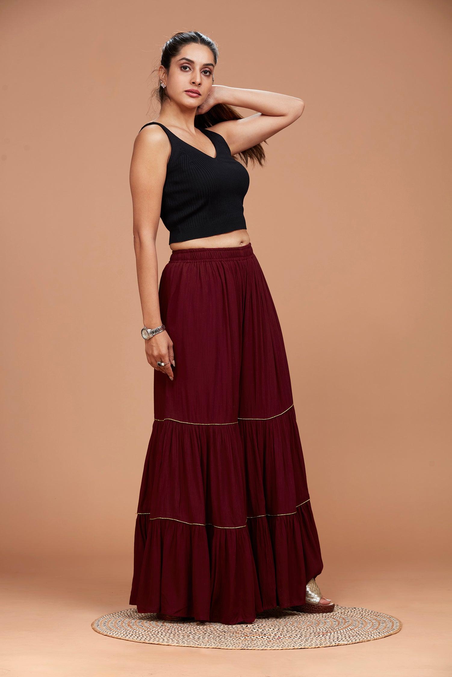 Tiered Sharara Pant - Maroon image 2