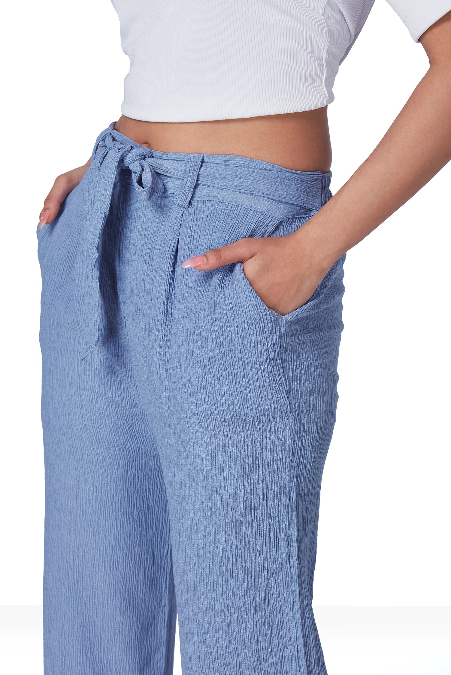 Crush Plazo Pant With Belt - Blue image 4